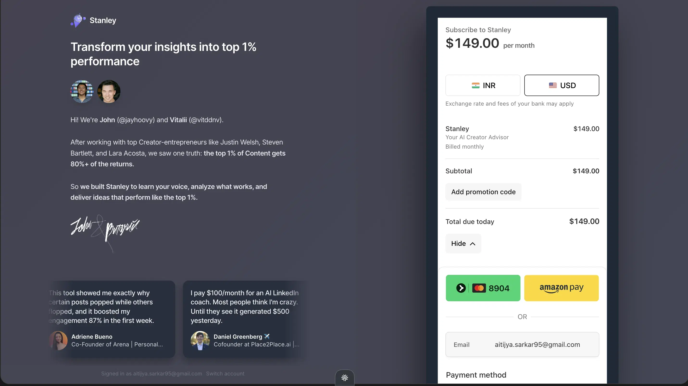 Stanley's checkout screen: Subscribe to Stanley, $149.00 per month, billed monthly, subtotal and total due today both $149.00, before any access to the editor.