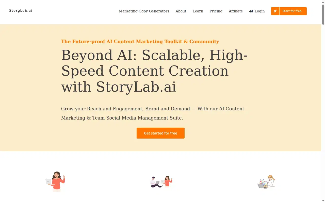 Screenshot of StoryLab.ai homepage showing its hero section and positioning