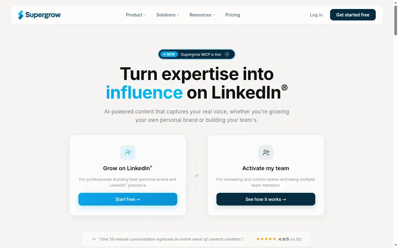 Screenshot of Supergrow homepage showing its hero section and positioning