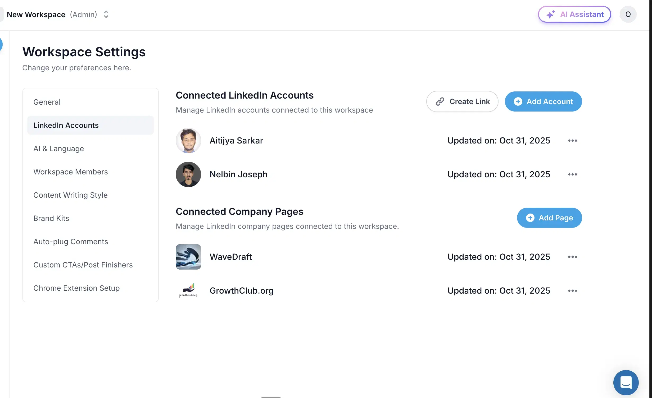 Supergrow's multi-account connection screen showing 3+ LinkedIn accounts wired to one workspace via official LinkedIn APIs.