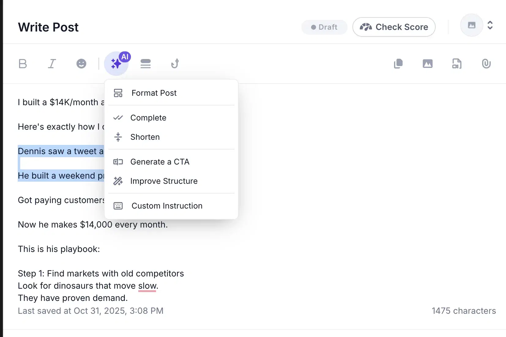 Supergrow's editor view with a selected text-highlight popup for AI rewriting.