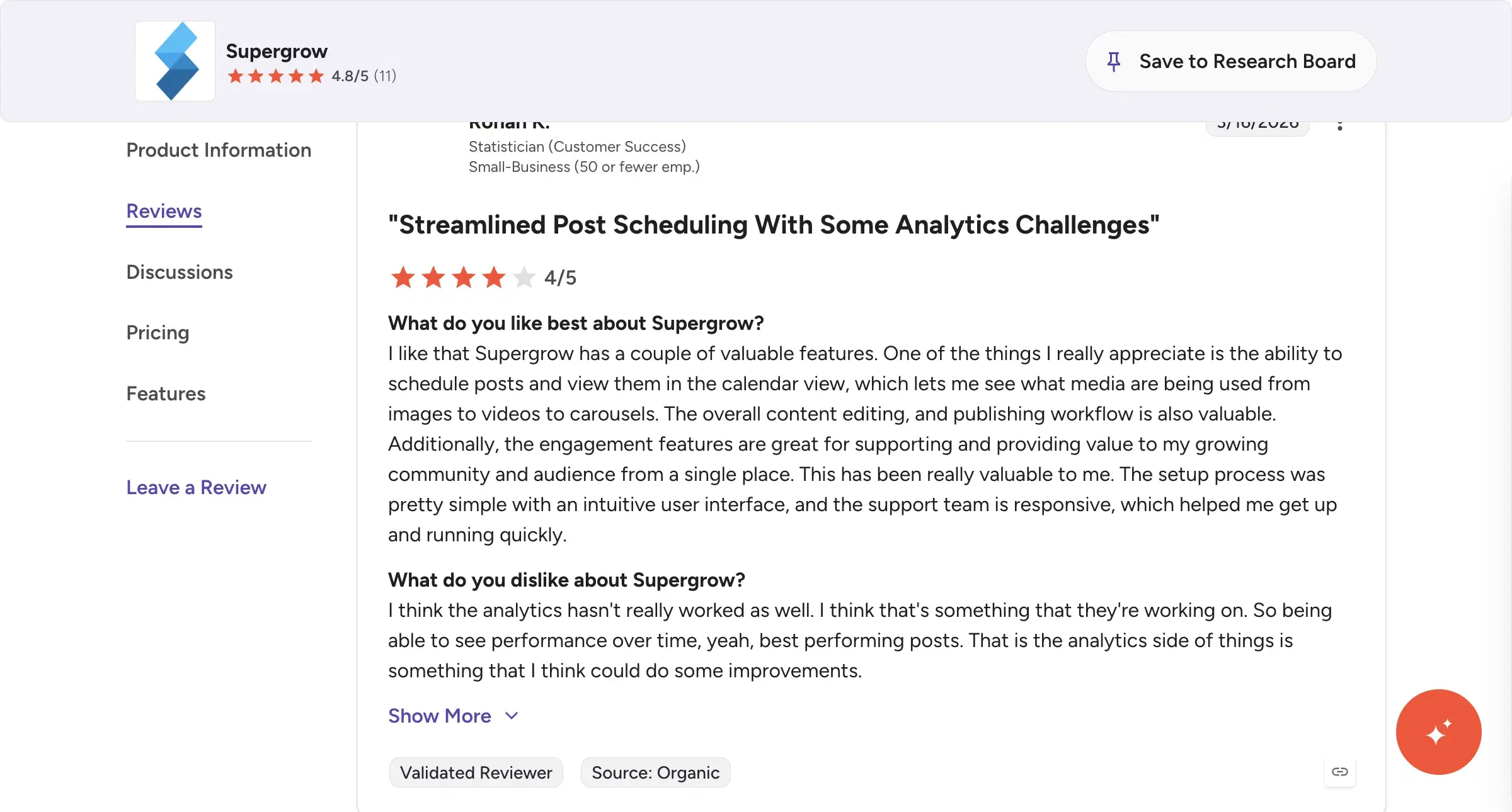 G2 review of Supergrow by Rohan K., 4 out of 5 stars, citing weak analytics depth.