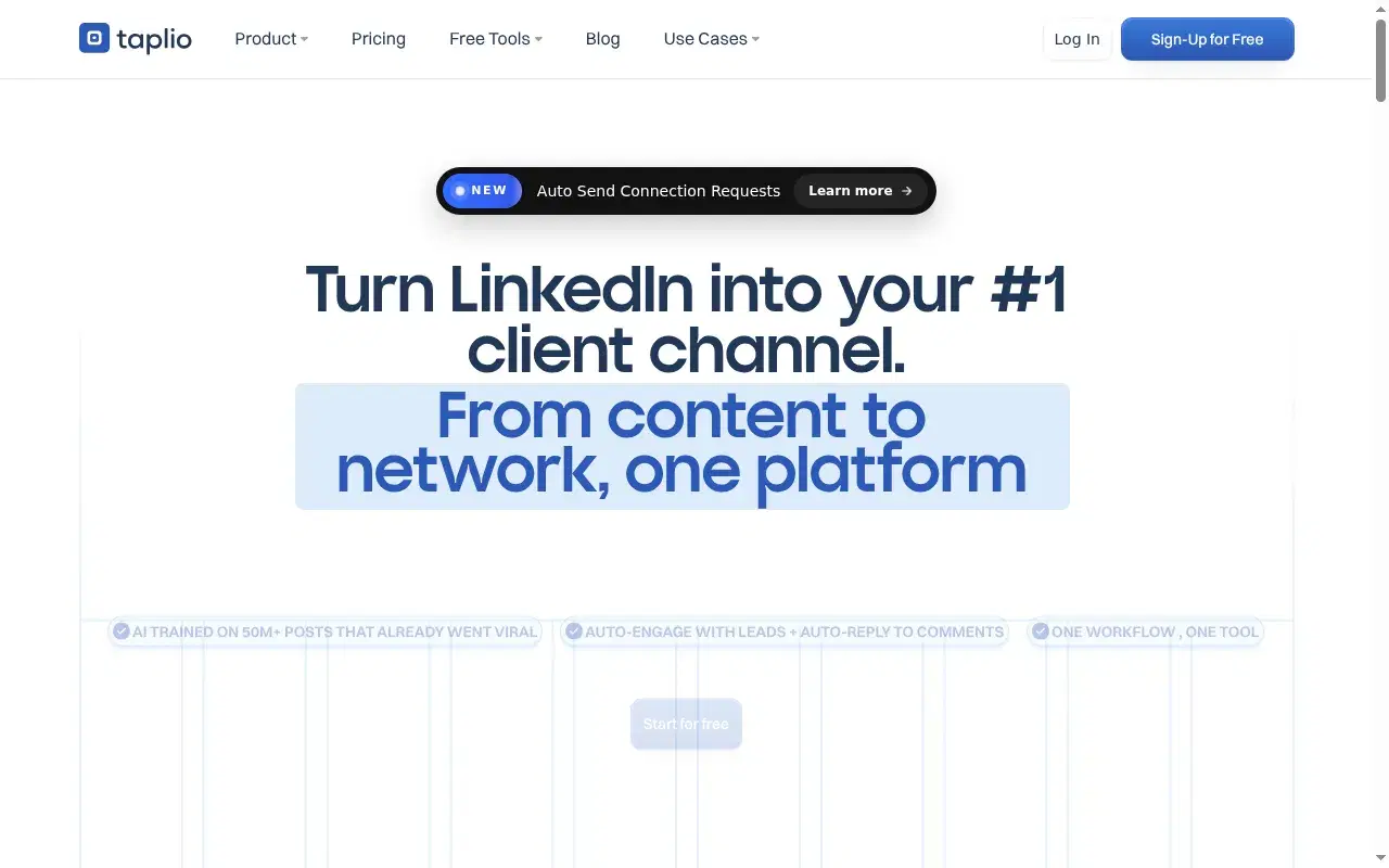Screenshot of Taplio homepage showing its hero section and positioning