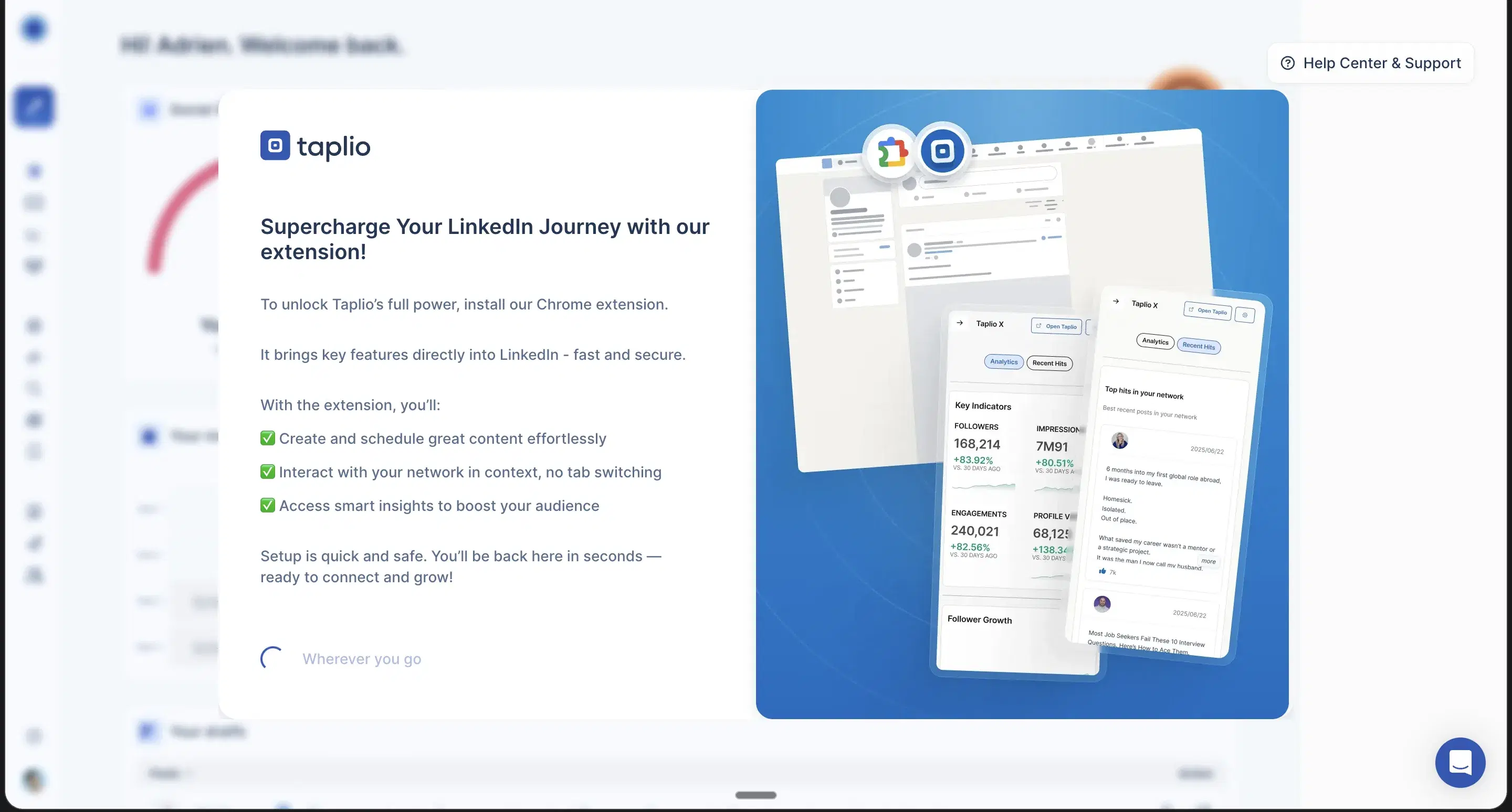 Taplio modal: "Supercharge Your LinkedIn Journey with our extension! To unlock Taplio's full power, install our Chrome extension."