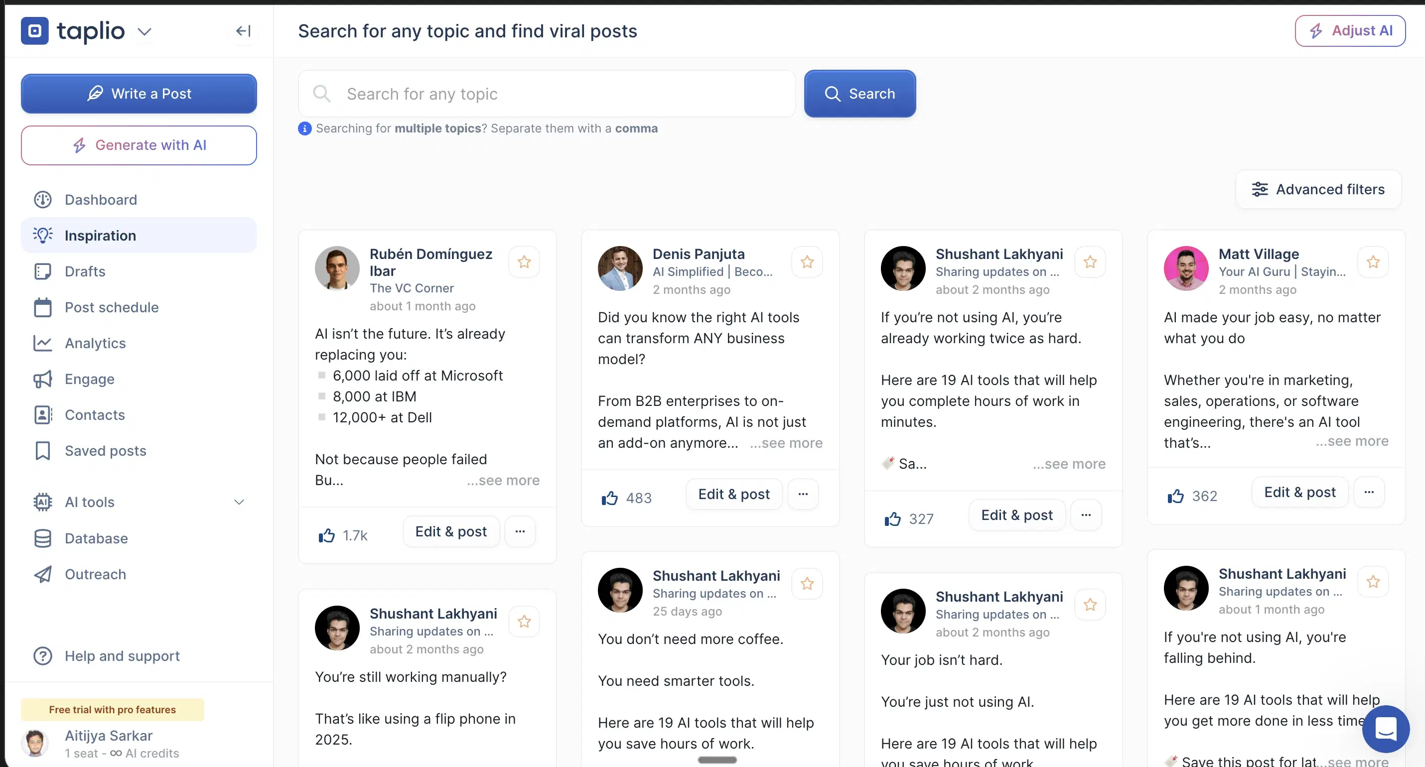 Taplio's Inspiration tab — a 'Search for any topic and find viral posts' bar above a grid of viral LinkedIn posts, each with an author, like count, and an Edit & post button.