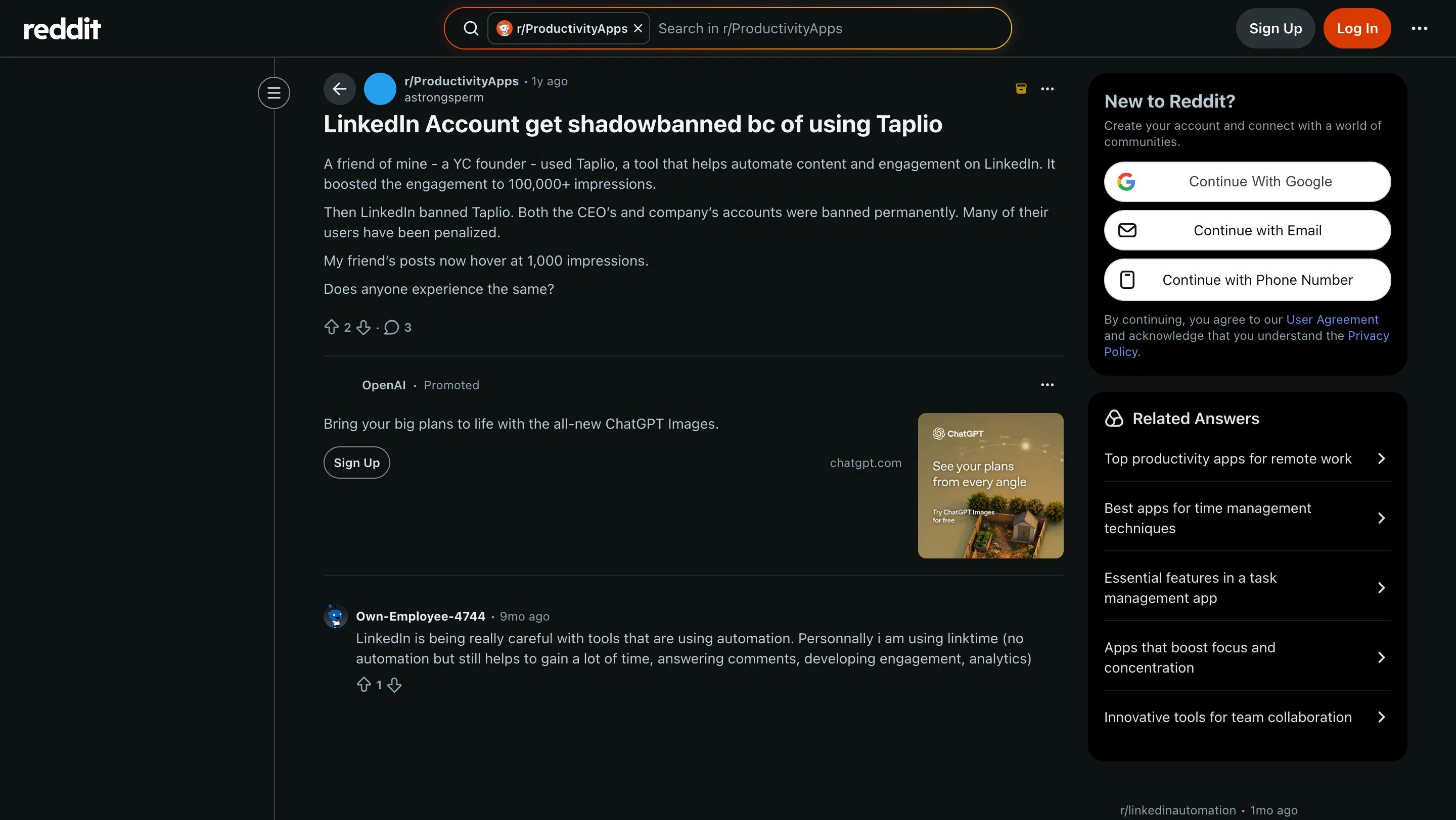 Reddit r/ProductivityApps thread by astrongsperm about a YC-founder friend whose LinkedIn account was banned after using Taplio.