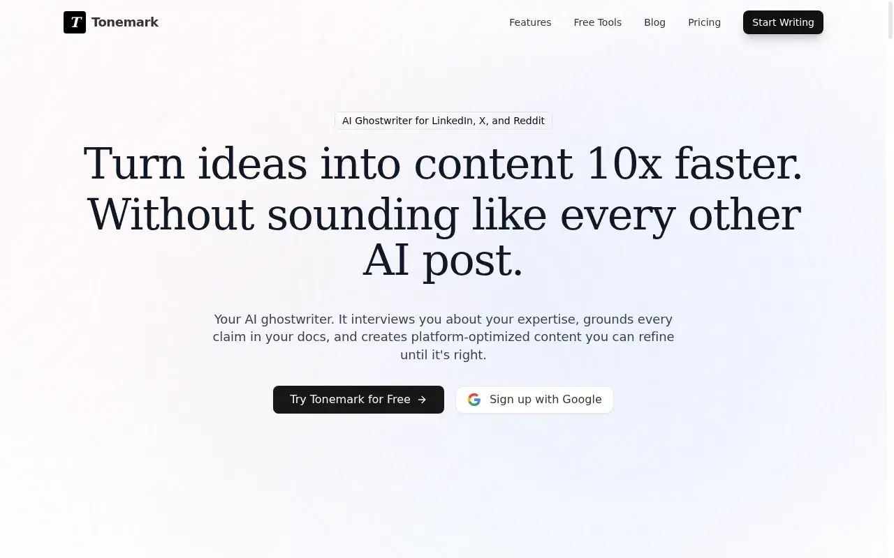 Screenshot of Tonemark homepage showing its hero section and positioning
