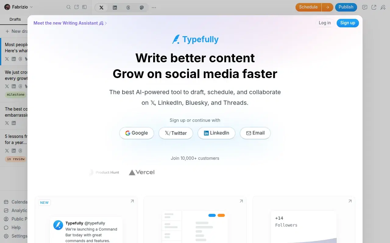 Screenshot of Typefully homepage showing its hero section and positioning