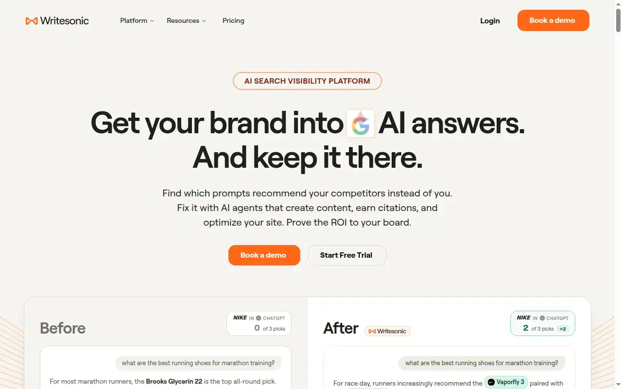 Screenshot of Writesonic homepage showing its hero section and positioning