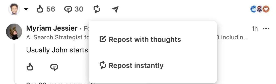 LinkedIn post action bar with the repost menu open, showing two options: "Repost with thoughts" and "Repost instantly"