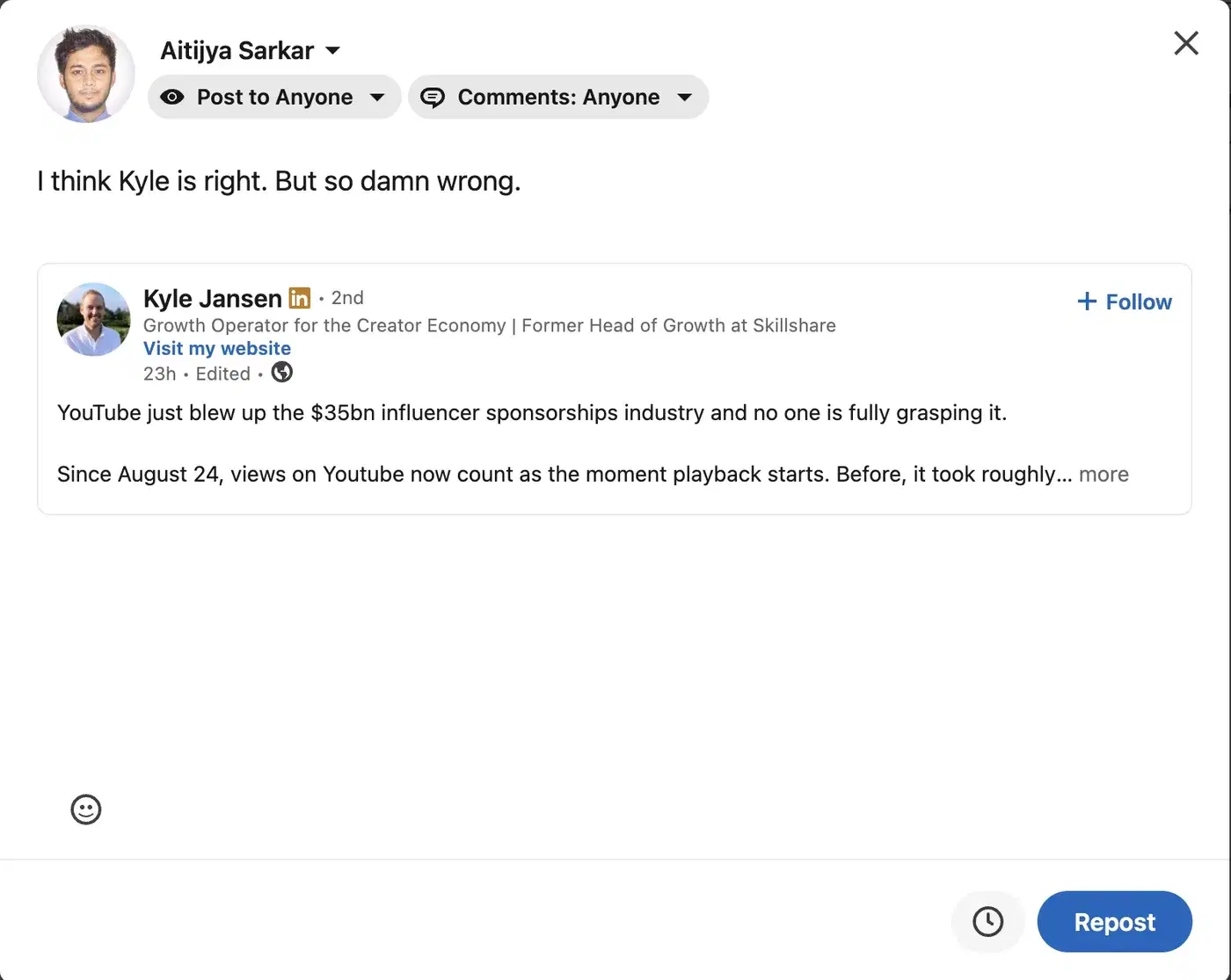 LinkedIn "Repost with thoughts" composer with commentary typed above the embedded original post from Kyle Jansen, and a clock (schedule) icon next to the Repost button