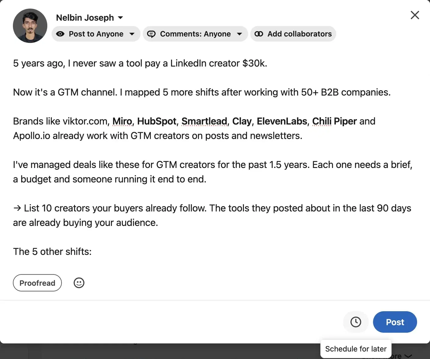 LinkedIn post composer with a drafted post and the "Schedule for later" tooltip showing under the clock icon beside the Post button