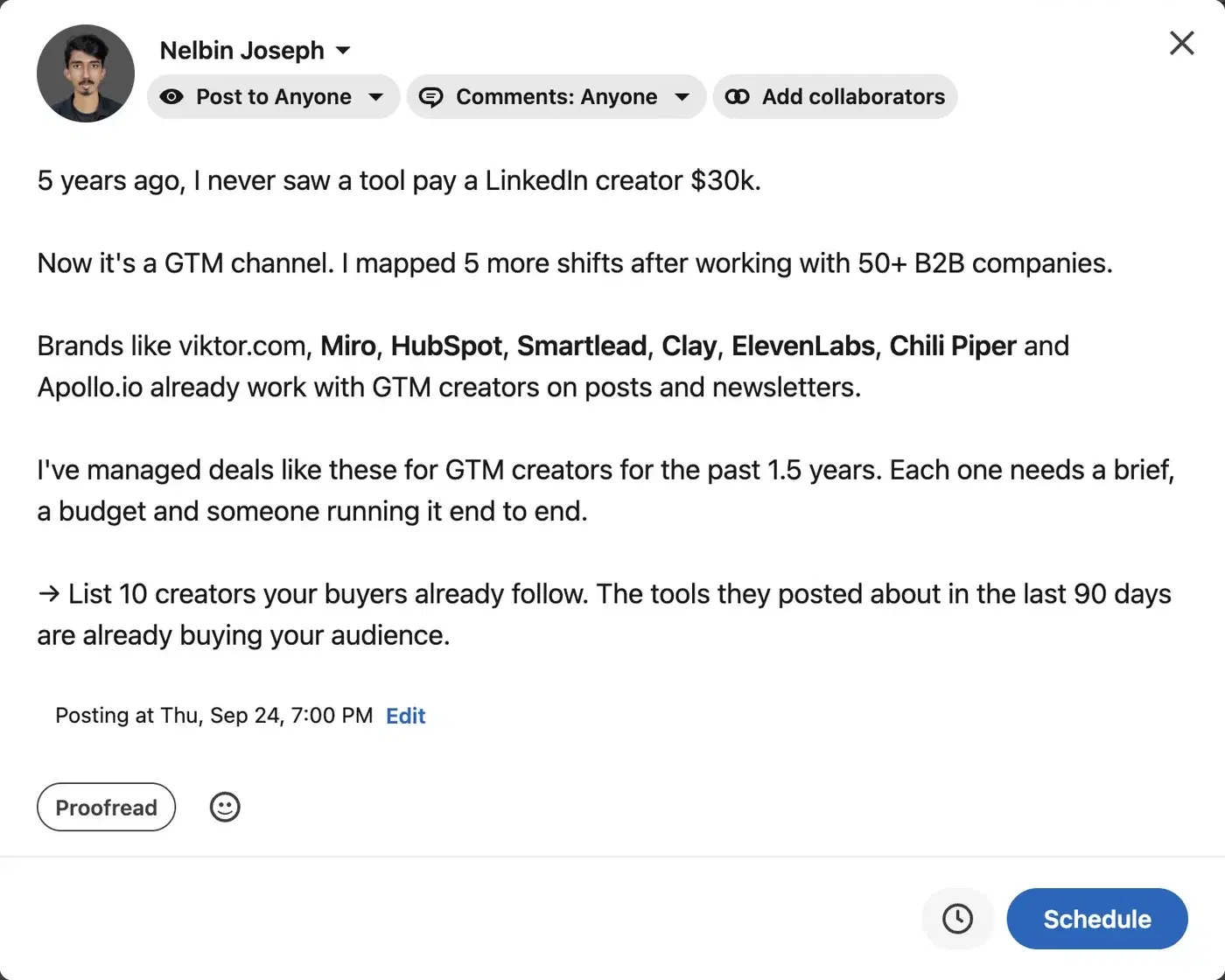 LinkedIn post composer after choosing a time, showing "Posting at Thu, Sep 24, 7:00 PM" with an Edit link and the Post button replaced by a Schedule button
