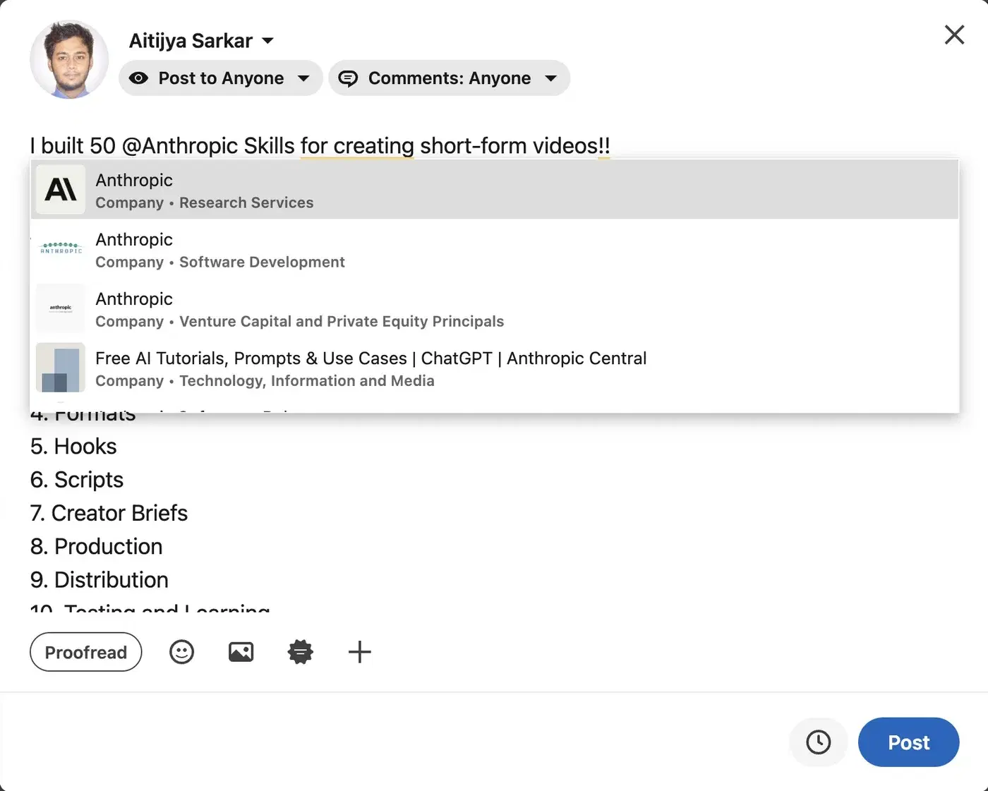 LinkedIn post composer with the mention dropdown open after typing @Anthropic, listing four company pages each labelled "Company" with its industry