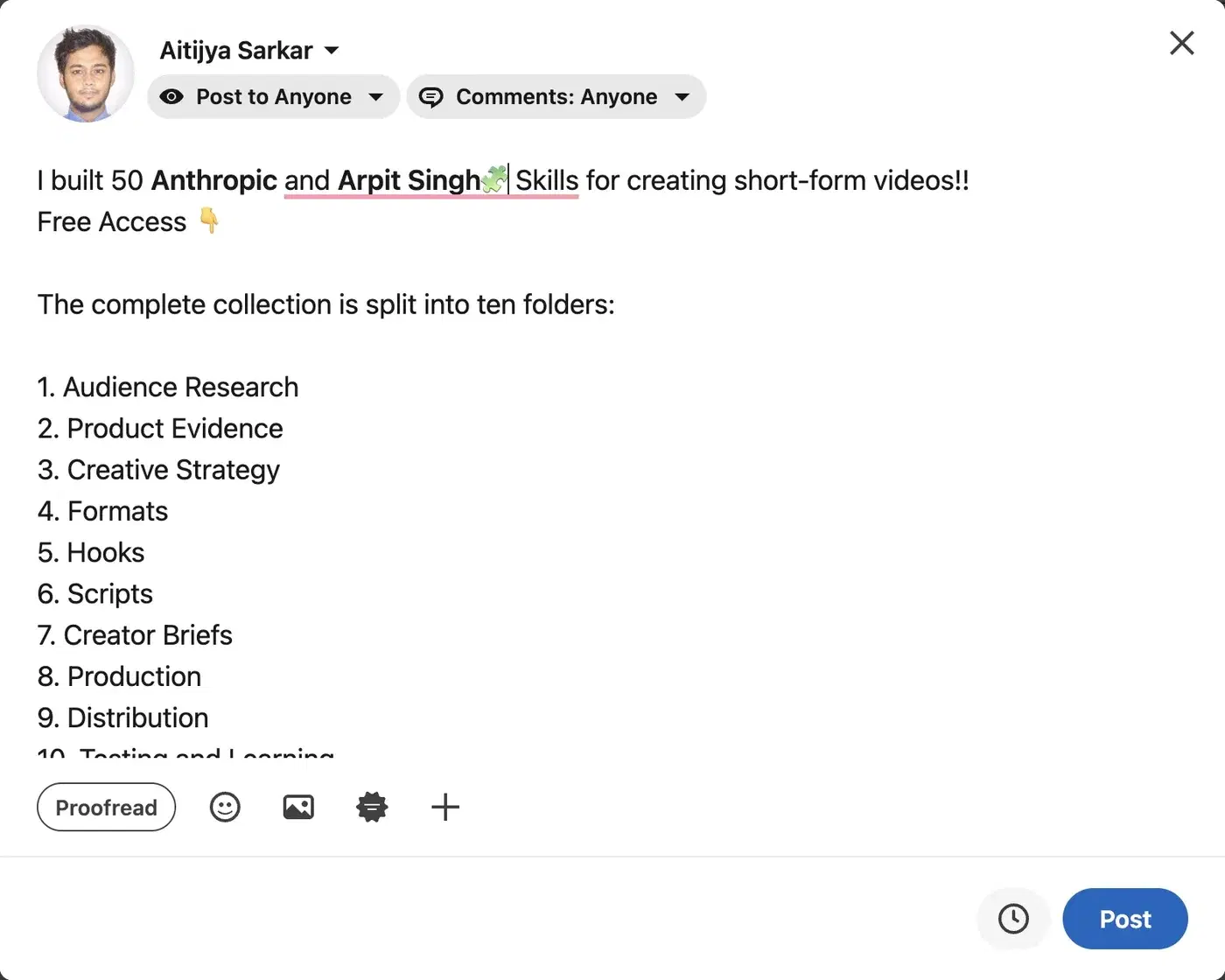 LinkedIn post composer after selecting two mentions: "Anthropic" and "Arpit Singh" both appear in bold text inside the draft