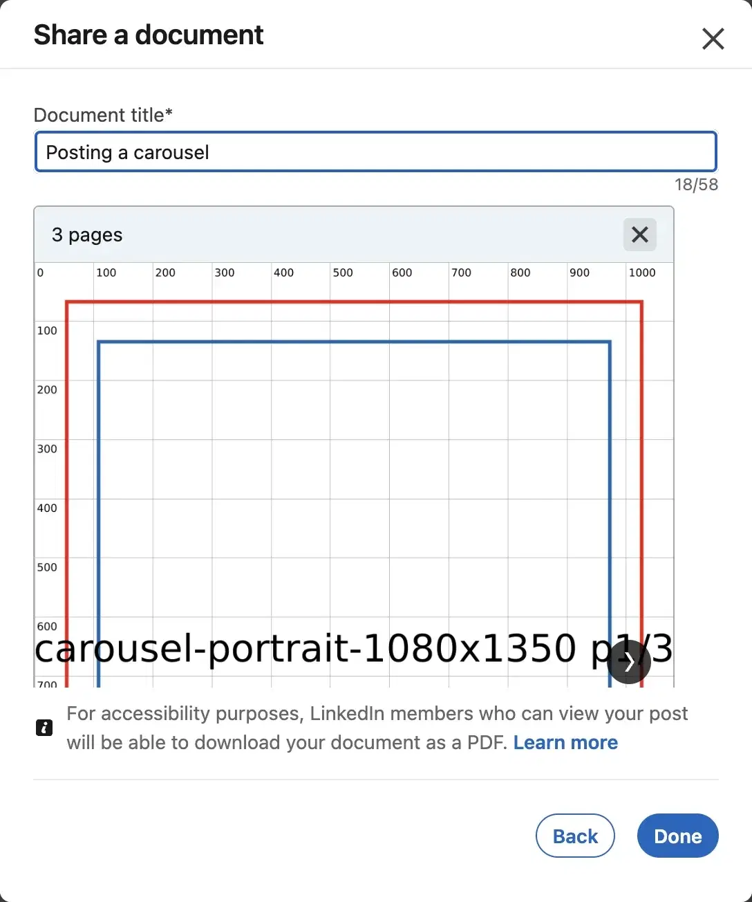 LinkedIn "Share a document" dialog after upload, with the document title "Posting a carousel", a 18/58 title counter and a "3 pages" preview of a 1080x1350 test grid