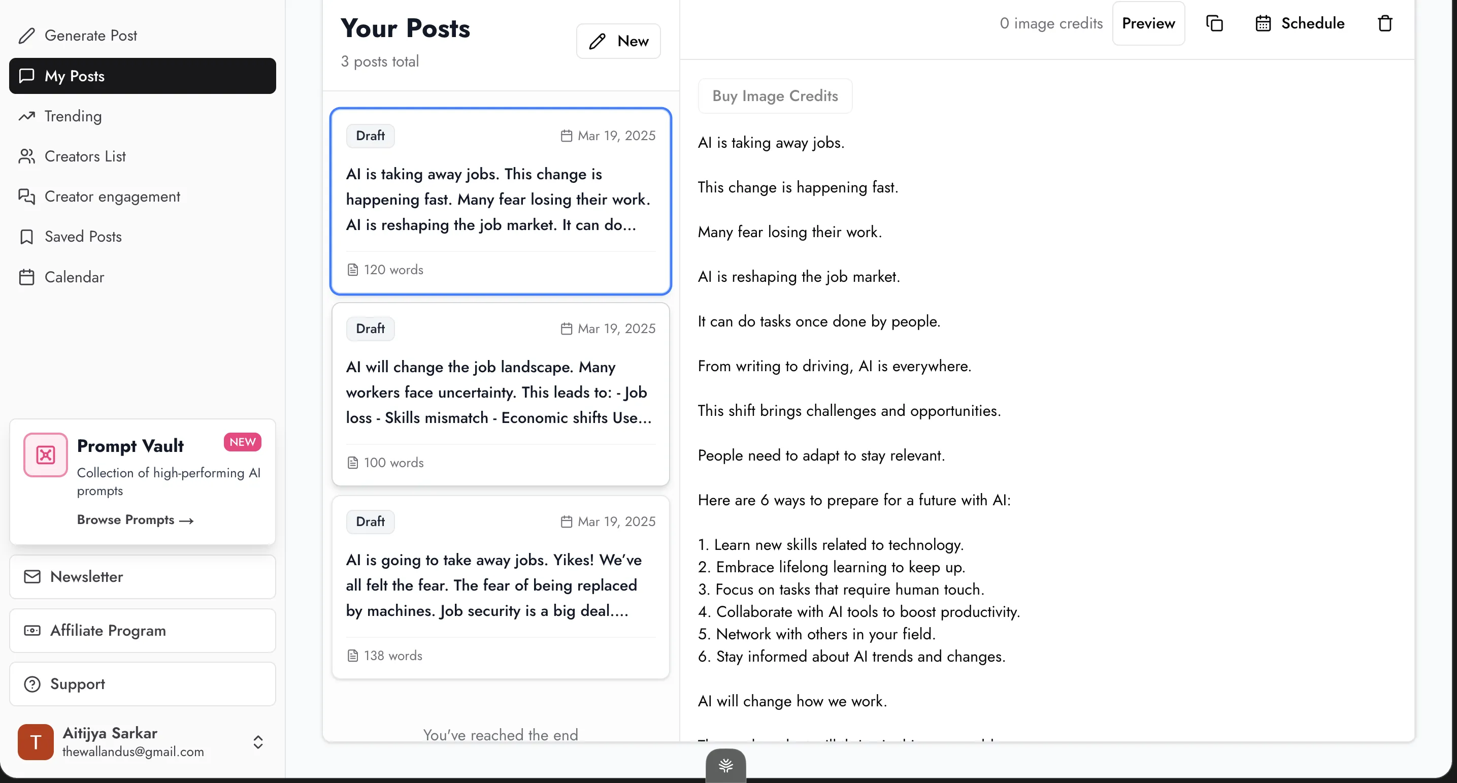 EasyGen's "Your Posts" editor: three Draft cards dated Mar 19, 2025 (120, 100, and 138 words) in the middle column, "0 image credits" and a "Buy Image Credits" button top-right, and the selected draft rendered in full on the right — "AI is taking away jobs. / This change is happening fast. / Many fear losing their work..." down through a numbered "6 ways to prepare for a future with AI."