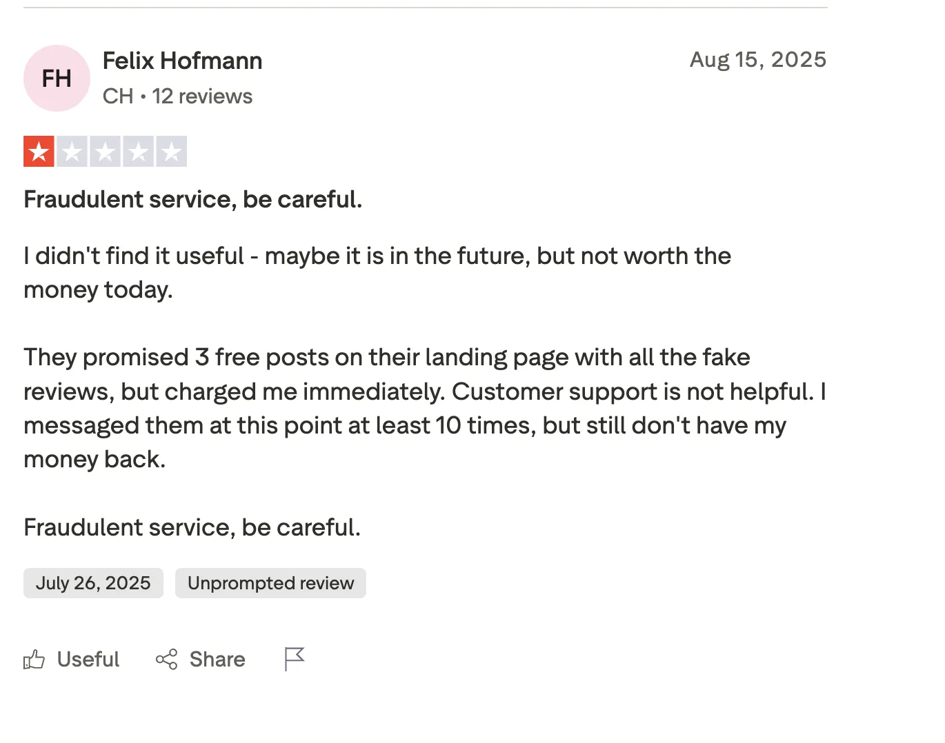 Trustpilot review of EasyGen by Felix Hofmann (Switzerland), 1/5, dated Aug 15 2025, titled "Fraudulent service, be careful," reading "I didn't find it useful, maybe it is in the future, but not worth the money today."