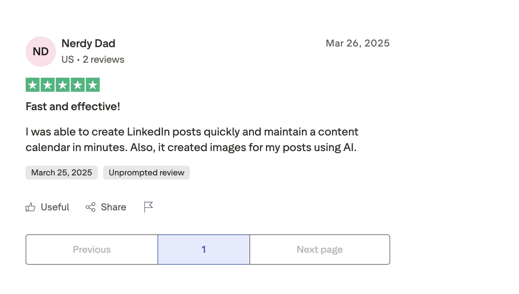 Trustpilot review of EasyGen by Nerdy Dad (US), 5/5, dated Mar 26 2025, titled "Fast and effective!", reading "I was able to create LinkedIn posts quickly and maintain a content calendar in minutes. Also, it created images for my posts using AI."