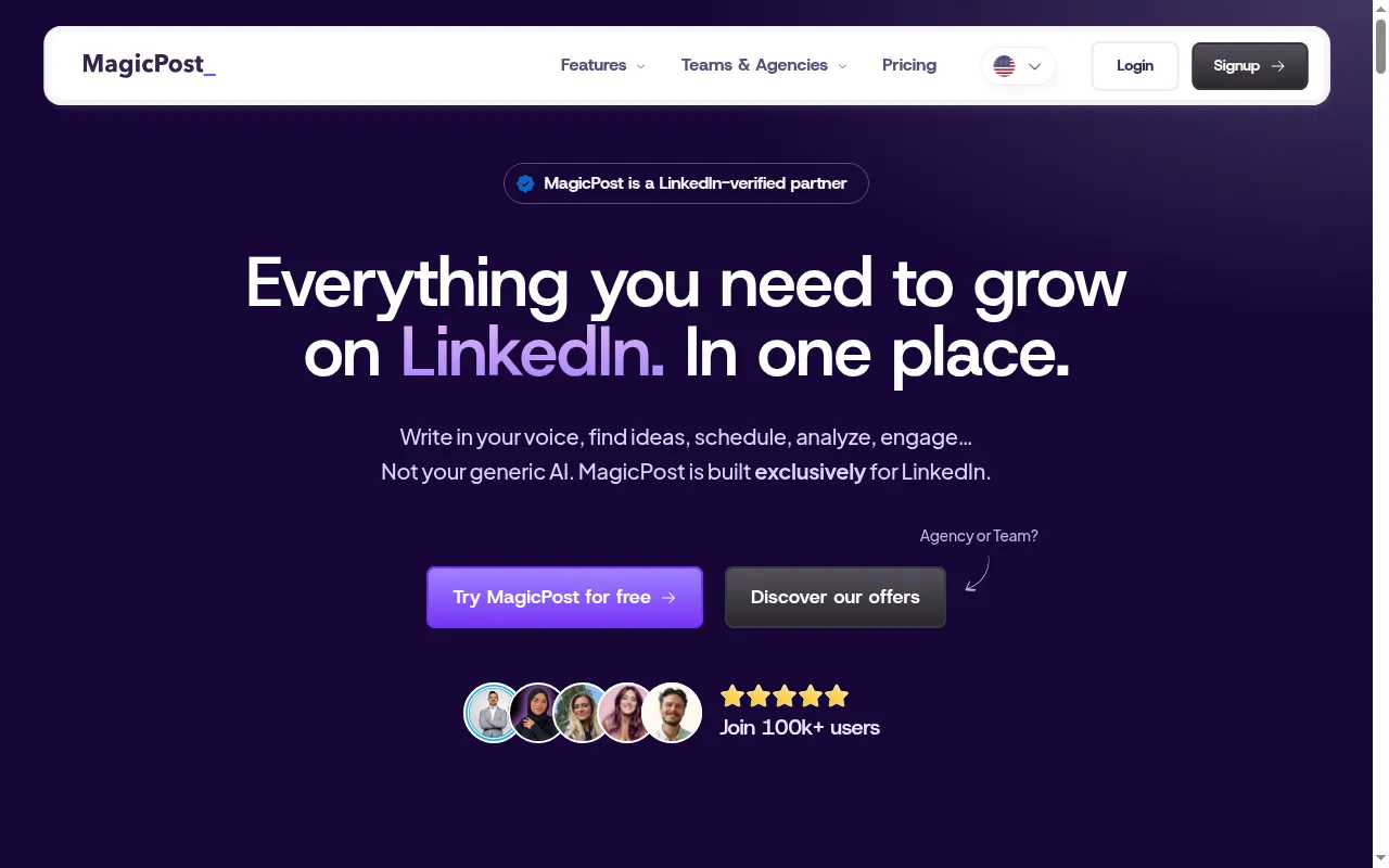 MagicPost homepage with a “MagicPost is a LinkedIn-verified partner” badge, the headline “Everything you need to grow on LinkedIn. In one place.,” a “Try MagicPost for free” button, and a “Join 100k+ users” line under five avatars.