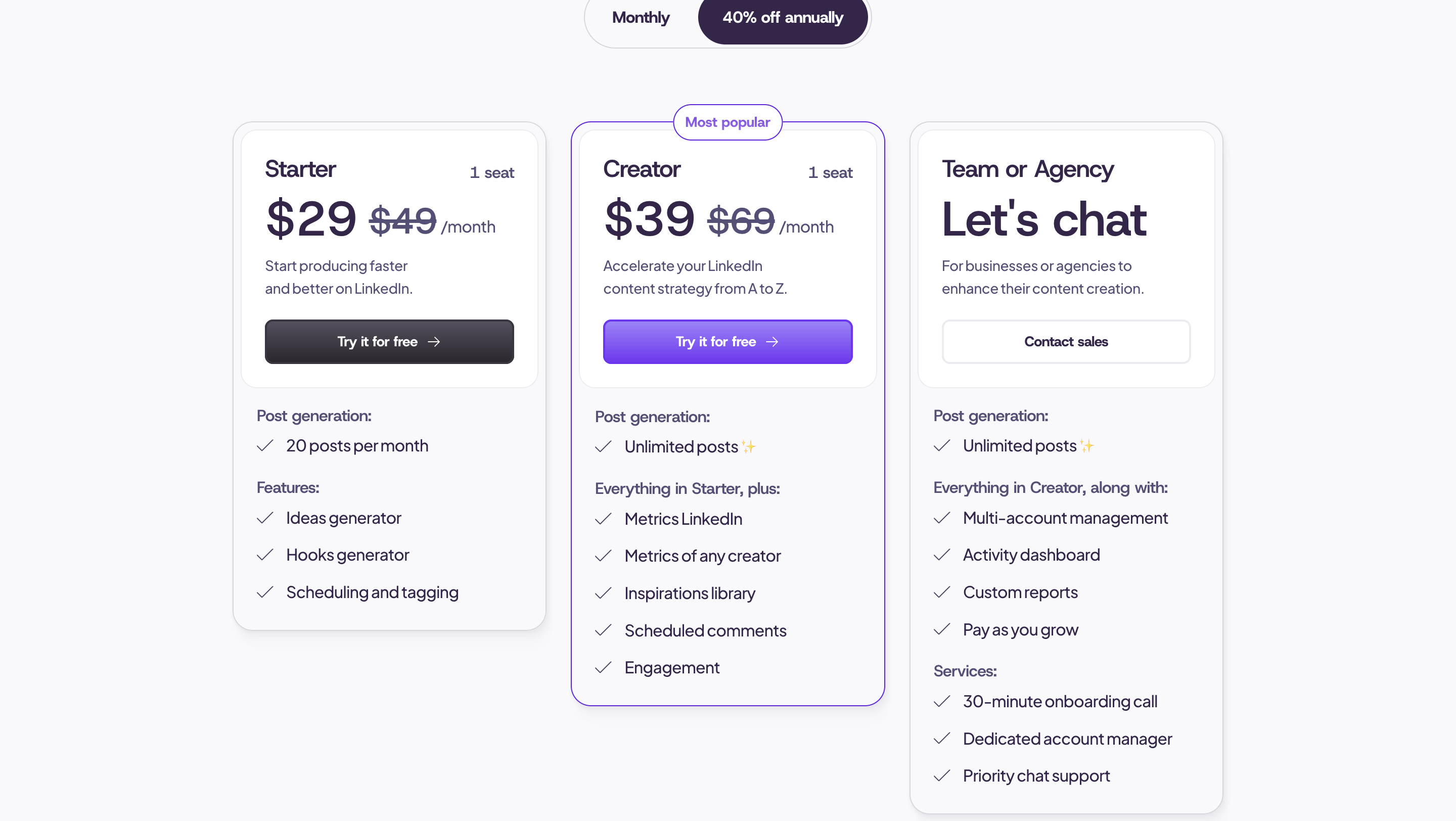 MagicPost pricing cards: Starter $29 (struck-through $49) with 20 posts per month, Creator $39 (struck-through $69) marked “Most popular” with unlimited posts, plus a “Let’s chat” Team or Agency tier.