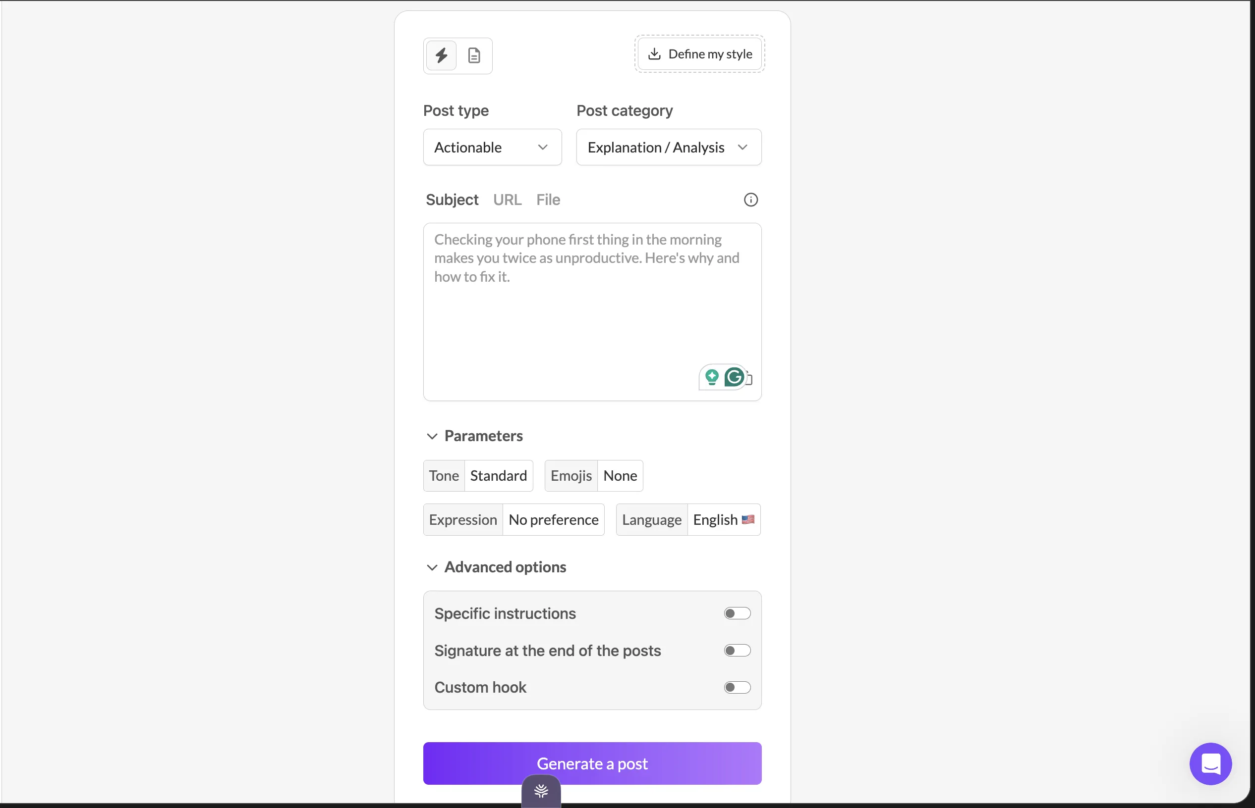 MagicPost’s generator: Post type and Post category dropdowns, a Subject box, Tone/Emojis/Expression/Language parameters, and a single “Generate a post” button. No chat, no second pass.