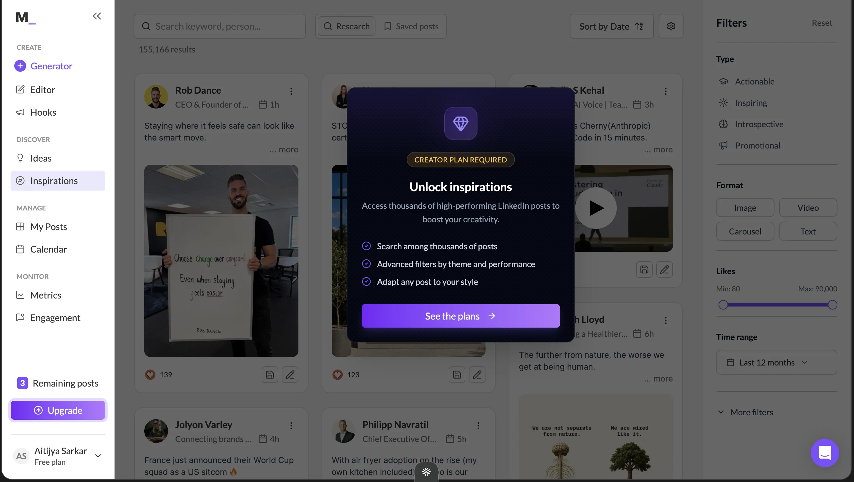 MagicPost’s Inspirations tab showing 155,166 results behind a “CREATOR PLAN REQUIRED — Unlock inspirations” modal with a “See the plans” button.