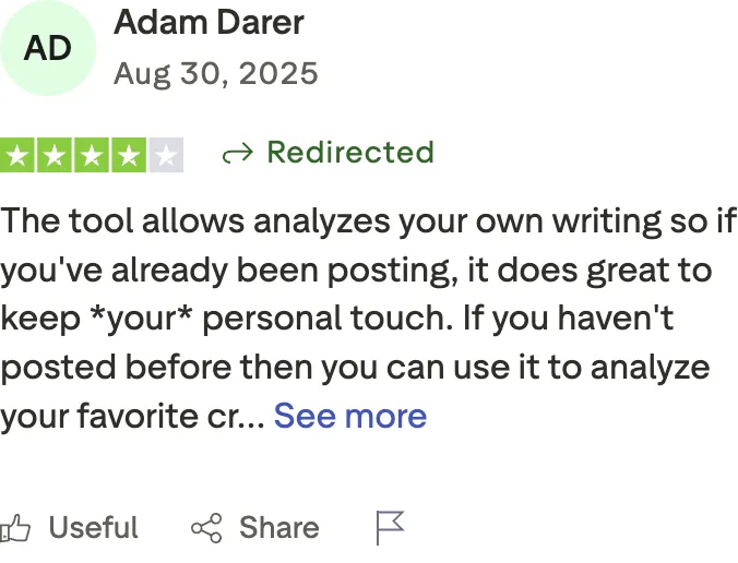 MagicPost Trustpilot review from Adam Darer, 4/5, Aug 30 2025, crediting the tool for analysing your own writing and keeping your personal touch.