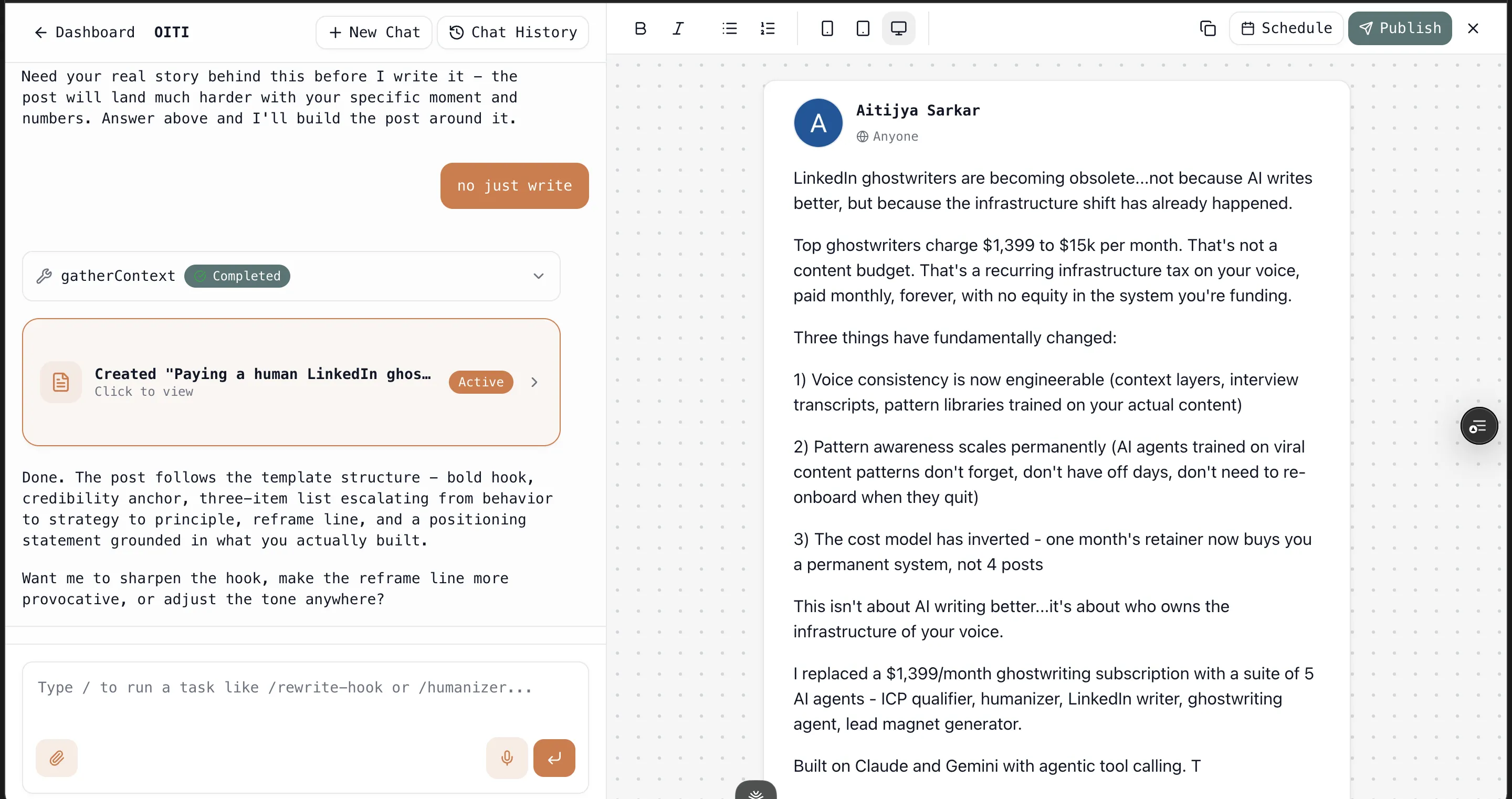 Oiti's chat-based content composer with the persona, memory, and Knowledge Base layers surfaced in the sidebar while it builds a post from the user's own story