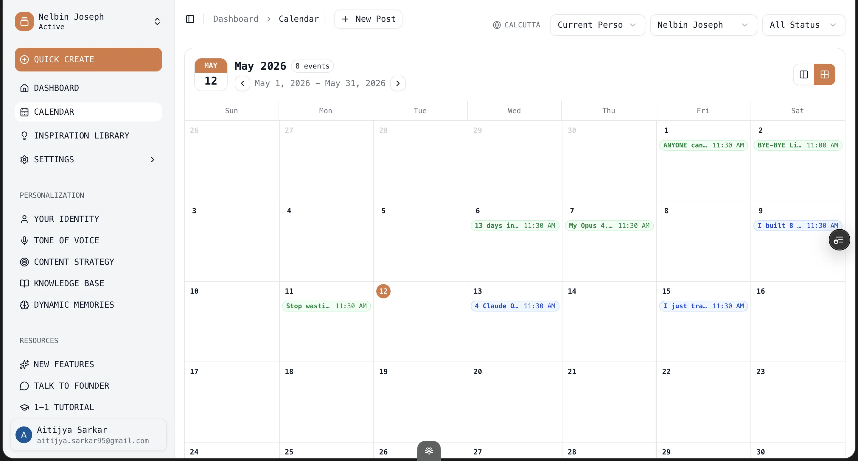 Oiti's scheduling calendar — a May 2026 month view with eight scheduled LinkedIn posts across the weeks, a left nav (Dashboard, Calendar, Inspiration Library, Knowledge Base, and more) and per-account/persona selectors.