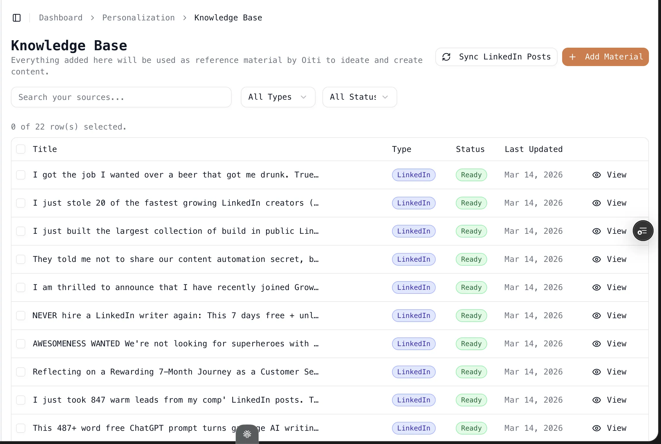 Oiti's Knowledge Base screen — a table of 22 saved sources (LinkedIn posts) with Type, Status ("Ready"), and Last Updated columns, plus "Sync LinkedIn Posts" and "Add Material" buttons, under the note "Everything added here will be used as reference material by Oiti to ideate and create content."