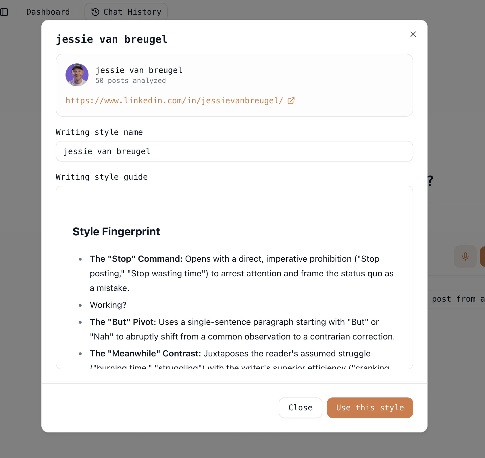 Oiti’s writing-style clone — a “Style Fingerprint” distilled from 50 of a creator’s analyzed LinkedIn posts, naming their patterns (the “Stop” command, the “But” pivot, the “Meanwhile” contrast), with a “Use this style” button.