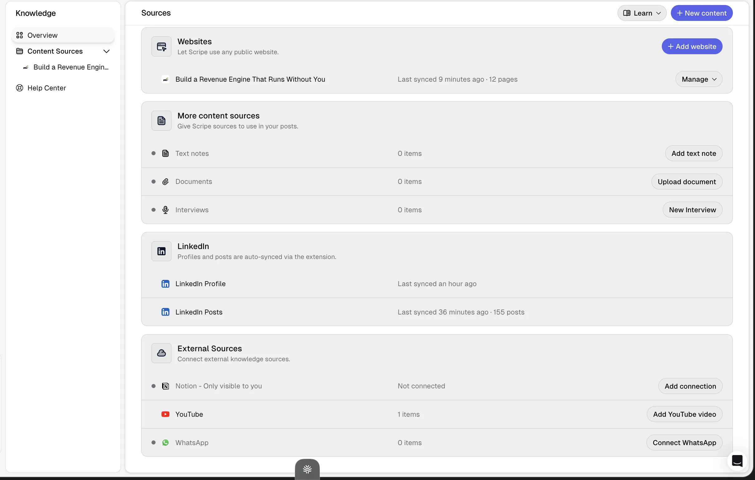Scripe’s "Knowledge / Sources" screen: connected Websites (12 pages, last synced 9 minutes ago), Text notes / Documents / Interviews, LinkedIn profile and 155 posts auto-synced via the extension, and External Sources for Notion, YouTube, and WhatsApp.