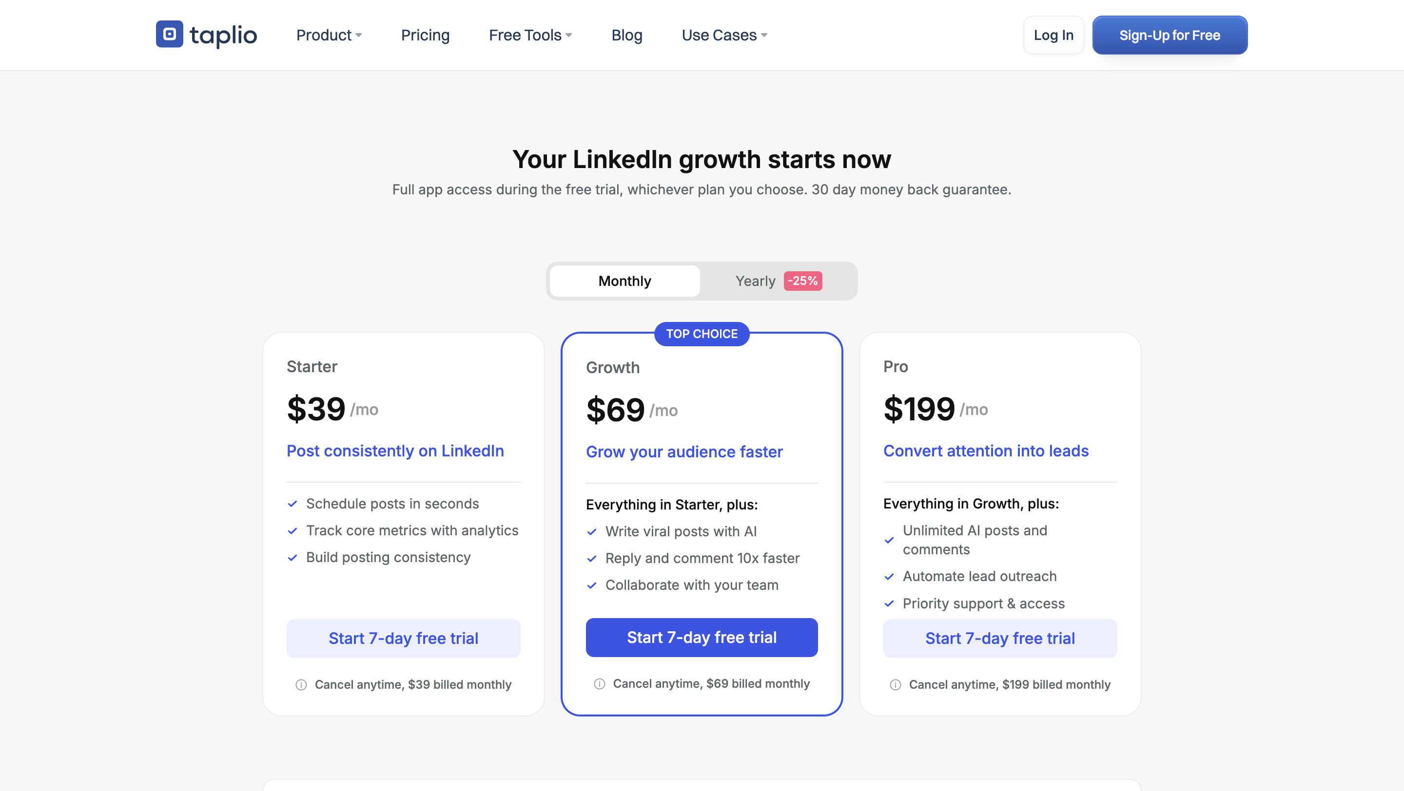 Taplio pricing page: Starter $39/mo, Growth $69/mo (top choice), Pro $199/mo, with a 7-day free trial and 30-day money-back guarantee
