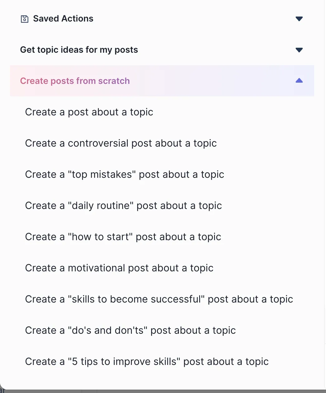 Taplio’s "Create posts from scratch" menu listing preset templates like "top mistakes", "daily routine", and "5 tips to improve skills"