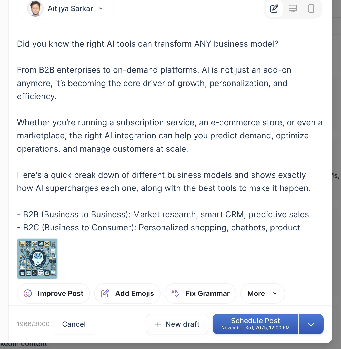 A generated post loaded in the Taplio editor — a generic "Did you know the right AI tools can transform ANY business model?" draft with an attached image