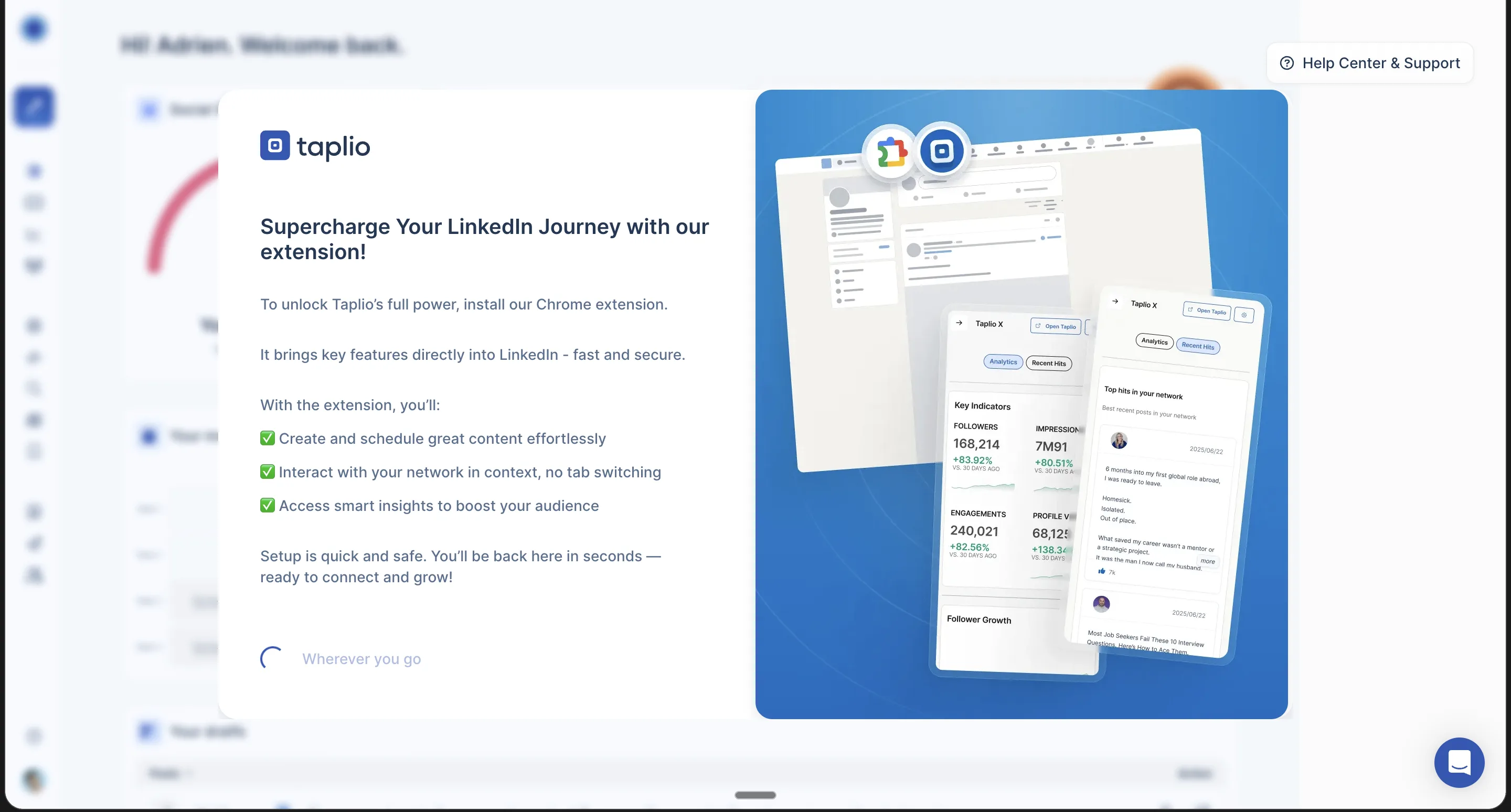 Taplio modal: "Supercharge Your LinkedIn Journey with our extension! To unlock Taplio’s full power, install our Chrome extension."
