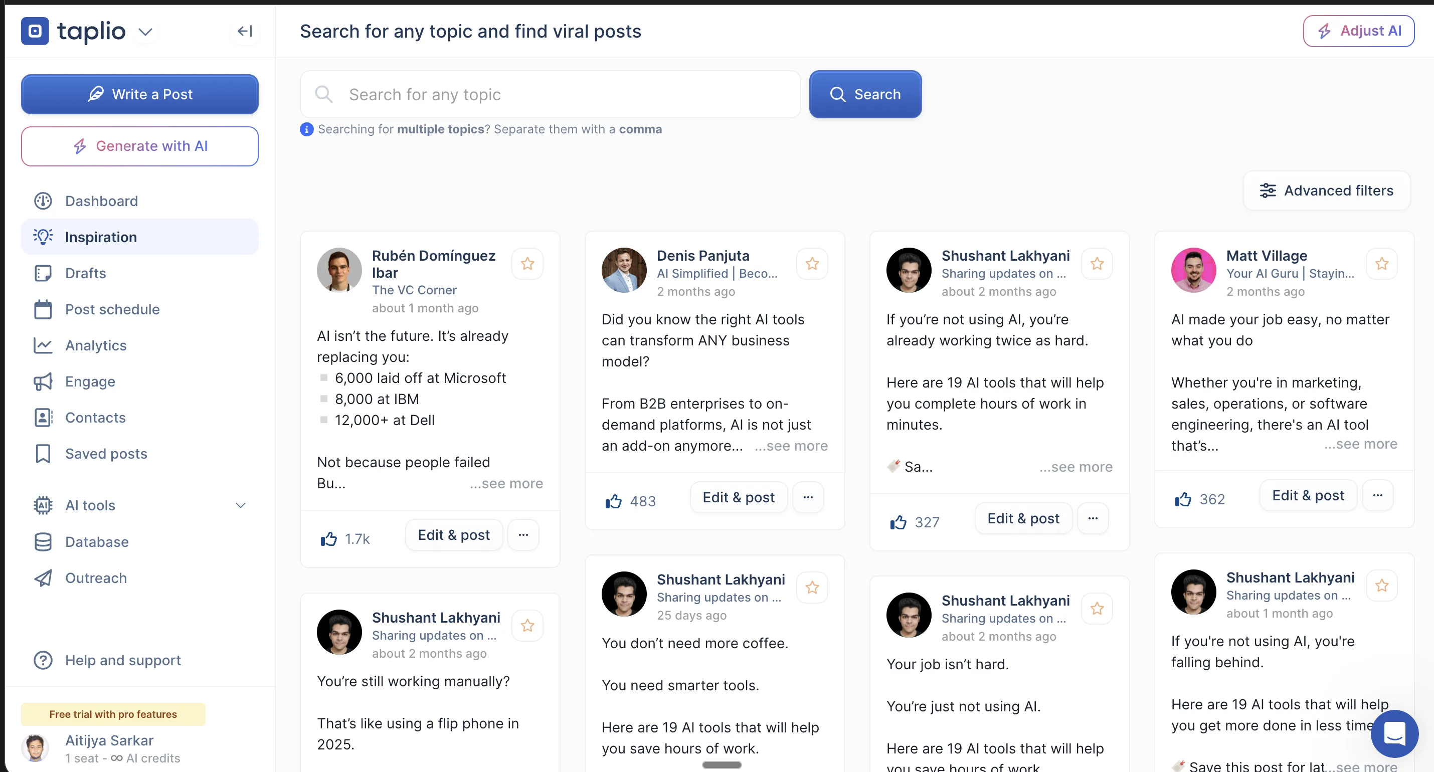 Taplio’s Inspiration tab titled "Search for any topic and find viral posts", showing a grid of viral LinkedIn posts you can edit and post