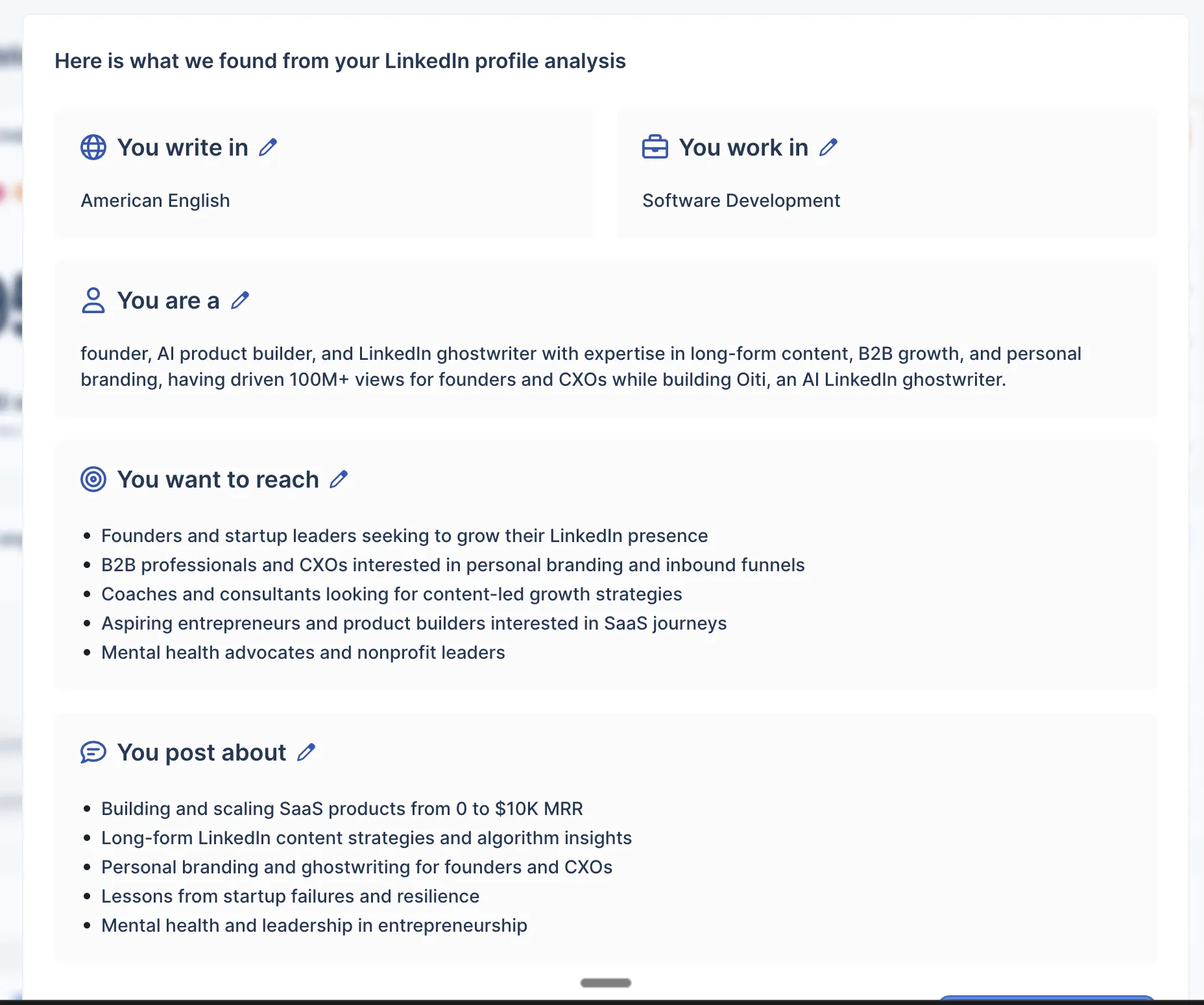 Taplio onboarding screen titled "Here is what we found from your LinkedIn profile analysis", listing writing language, role, target audience, and post topics
