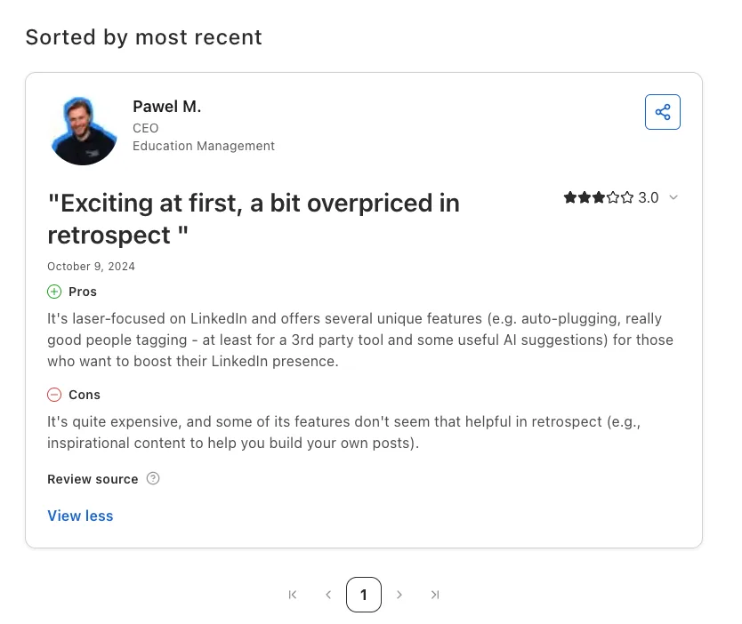 Capterra review: Paweł M. rates Taplio 3.0/5, "Exciting at first, a bit overpriced in retrospect" — cons note it is quite expensive
