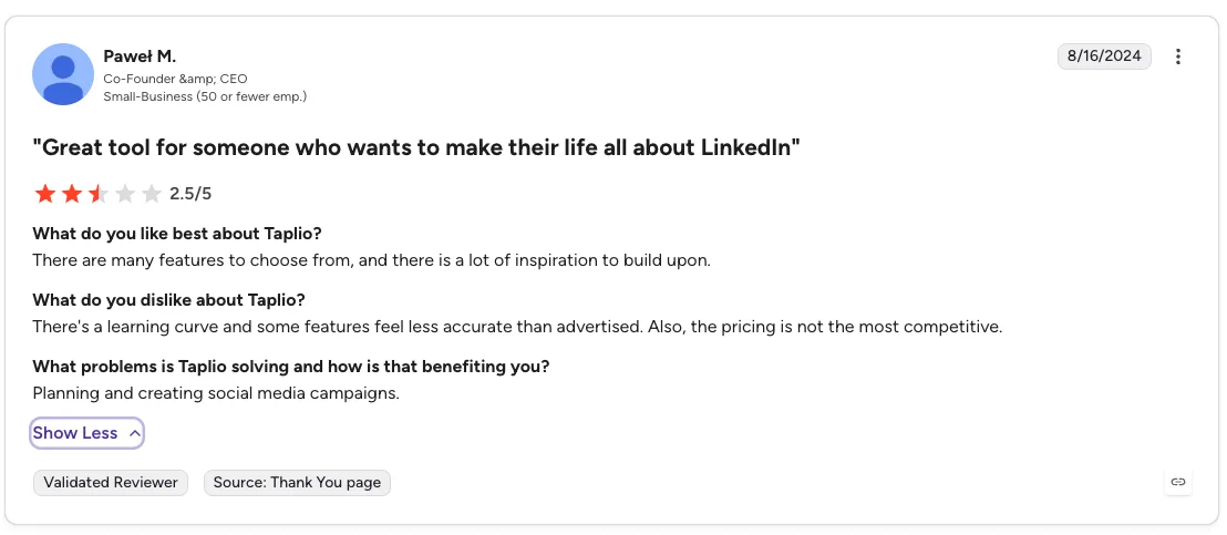 G2 review: Paweł M. rates Taplio 2.5/5, "Great tool for someone who wants to make their life all about LinkedIn" — dislikes that some features feel less accurate than advertised and the pricing