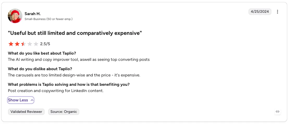 G2 review: Sarah H. rates Taplio 2.5/5, "Useful but still limited and comparatively expensive" — dislikes the limited carousels and the expensive price