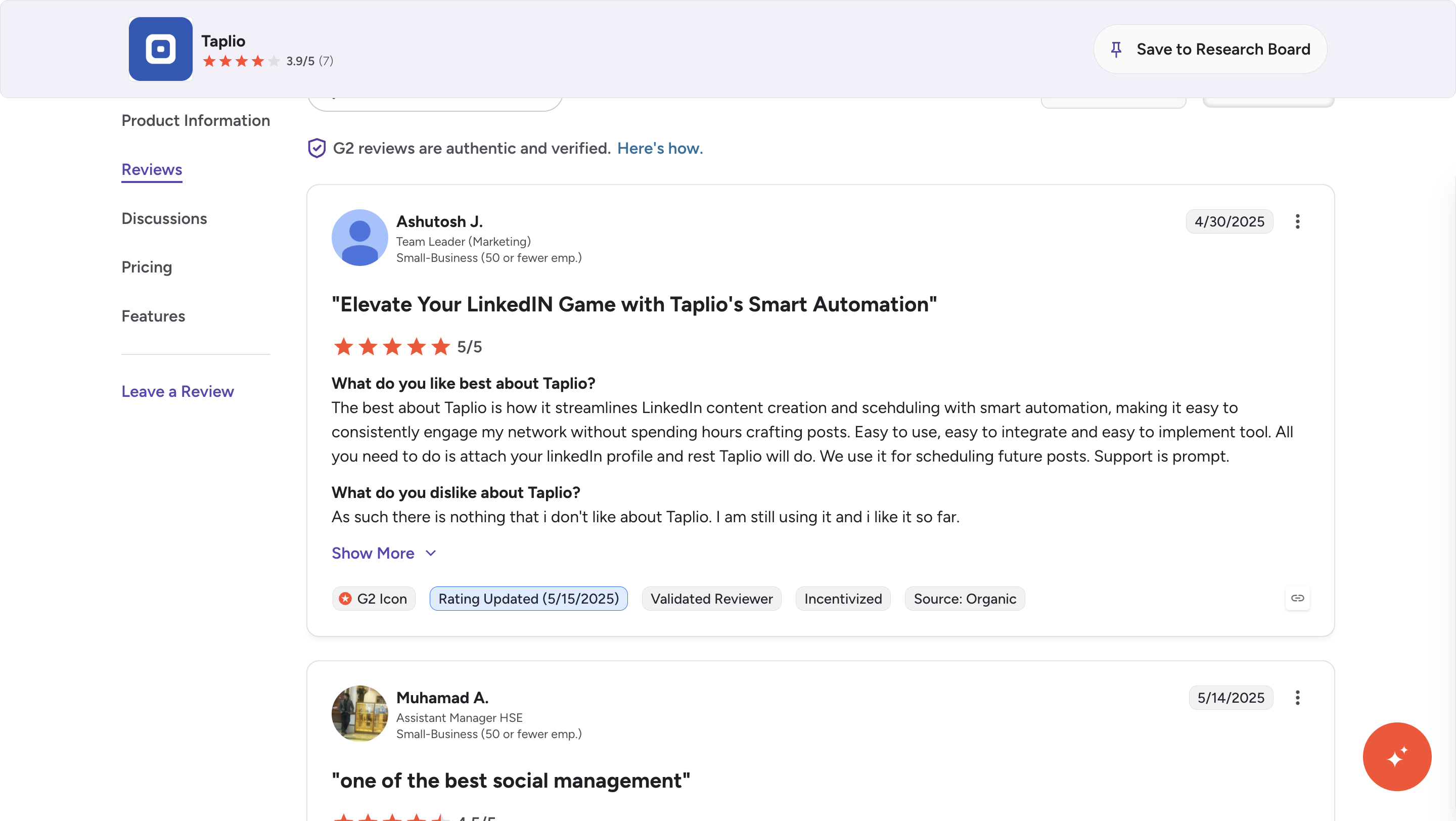 G2 review: Ashutosh J. rates Taplio 5/5, "Elevate Your LinkedIn Game with Taplio’s Smart Automation"