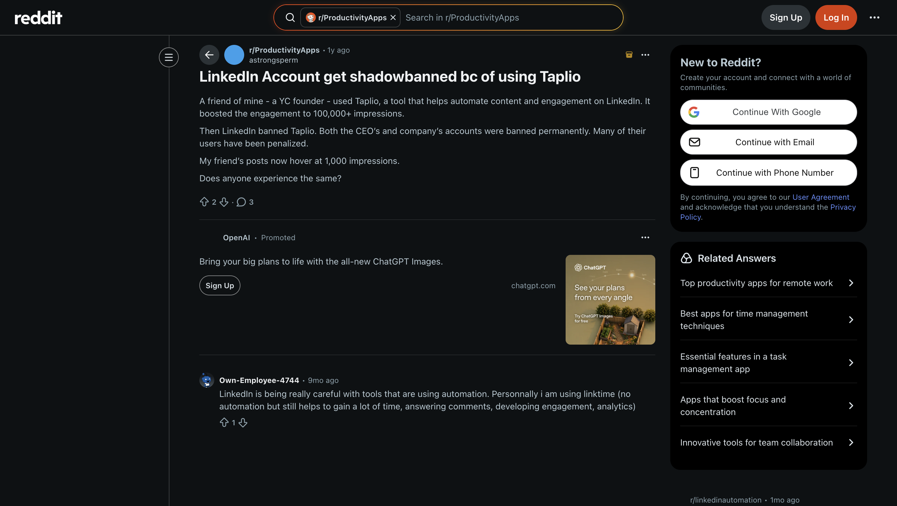 Reddit r/ProductivityApps thread titled "LinkedIn Account get shadowbanned bc of using Taplio"