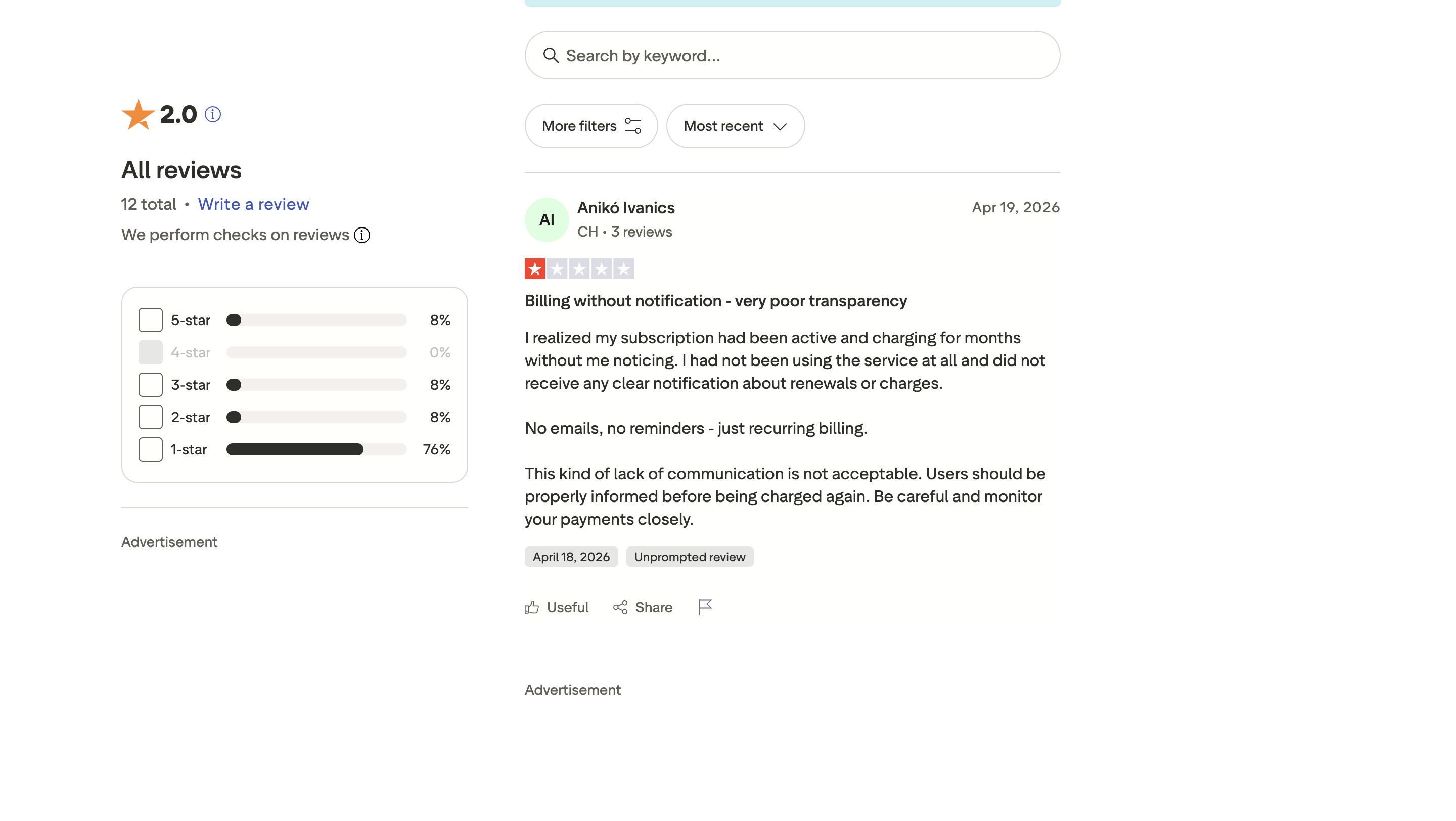 Trustpilot review: Anikó Ivanics rates Taplio 1/5, "Billing without notification - very poor transparency"; Taplio’s Trustpilot average is 2.0/5
