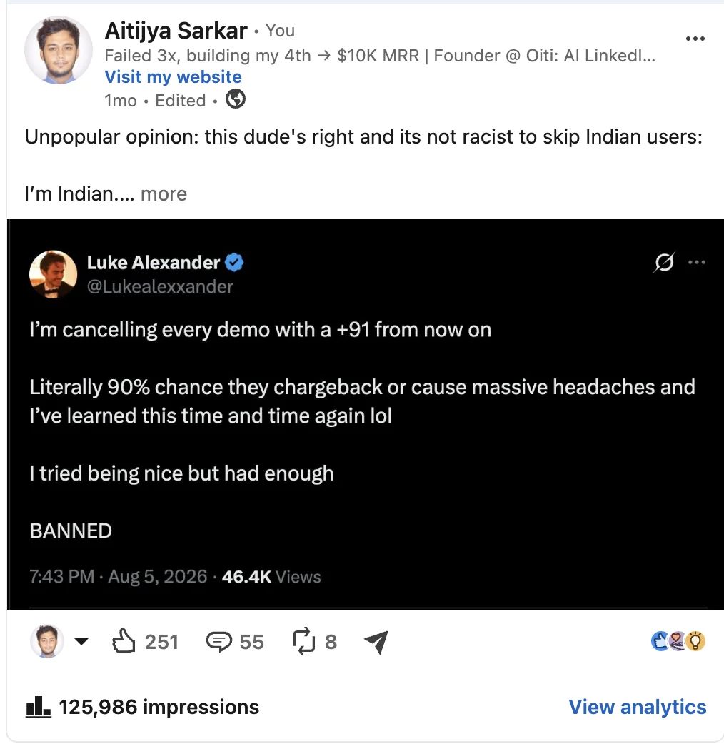 My LinkedIn post with 251 reactions, 55 comments, 8 reposts and 125,986 impressions