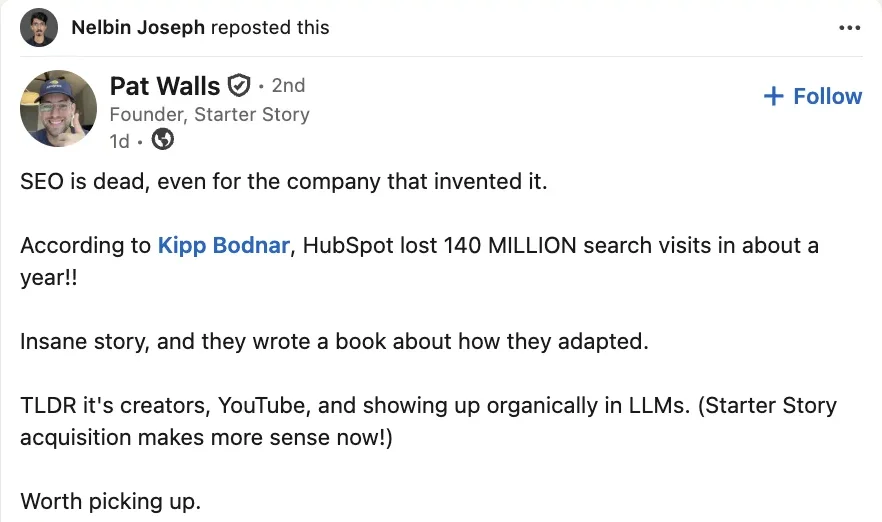 A plain repost in the LinkedIn feed with the header "Nelbin Joseph reposted this" above the original post from Pat Walls