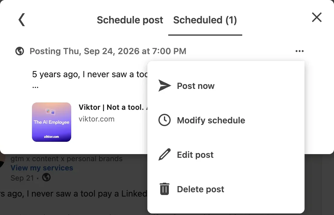Three-dot menu on a scheduled LinkedIn post showing Post now, Modify schedule, Edit post and Delete post