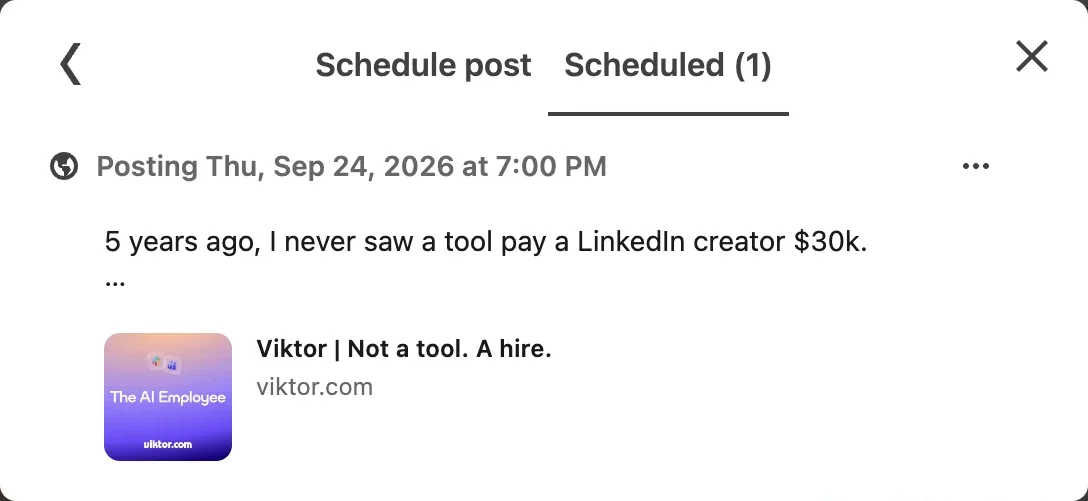 LinkedIn "Scheduled (1)" tab listing one queued post set for Thu, Sep 24, 2026 at 7:00 PM with its link preview