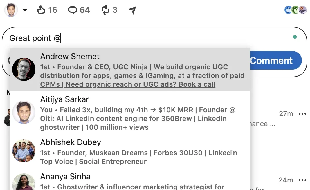 LinkedIn comment box containing "Great point @" with a mention suggestion dropdown open below it listing suggested people, each with their connection degree and headline